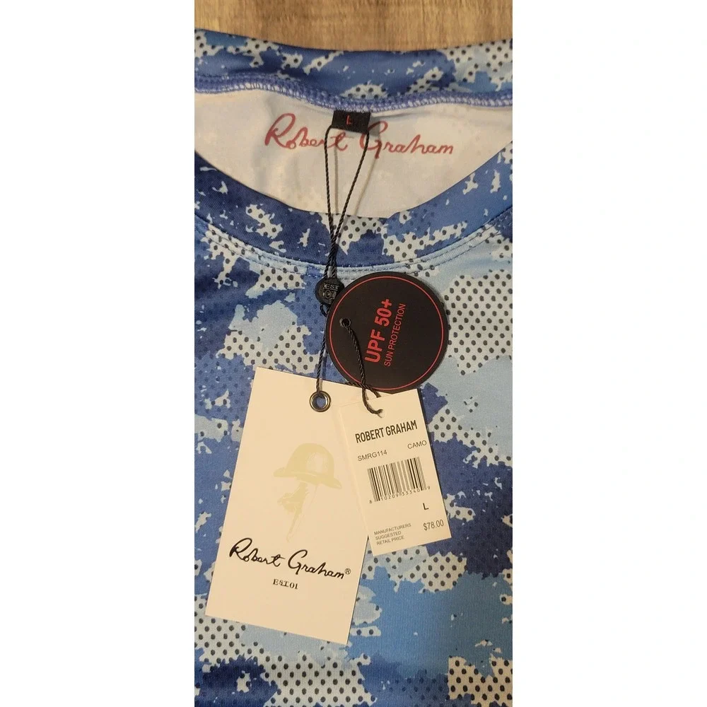 Robert Graham Mens Blue Camo Rash Guard UPF 50+ Swim Shirt SMRG114 NWT Large